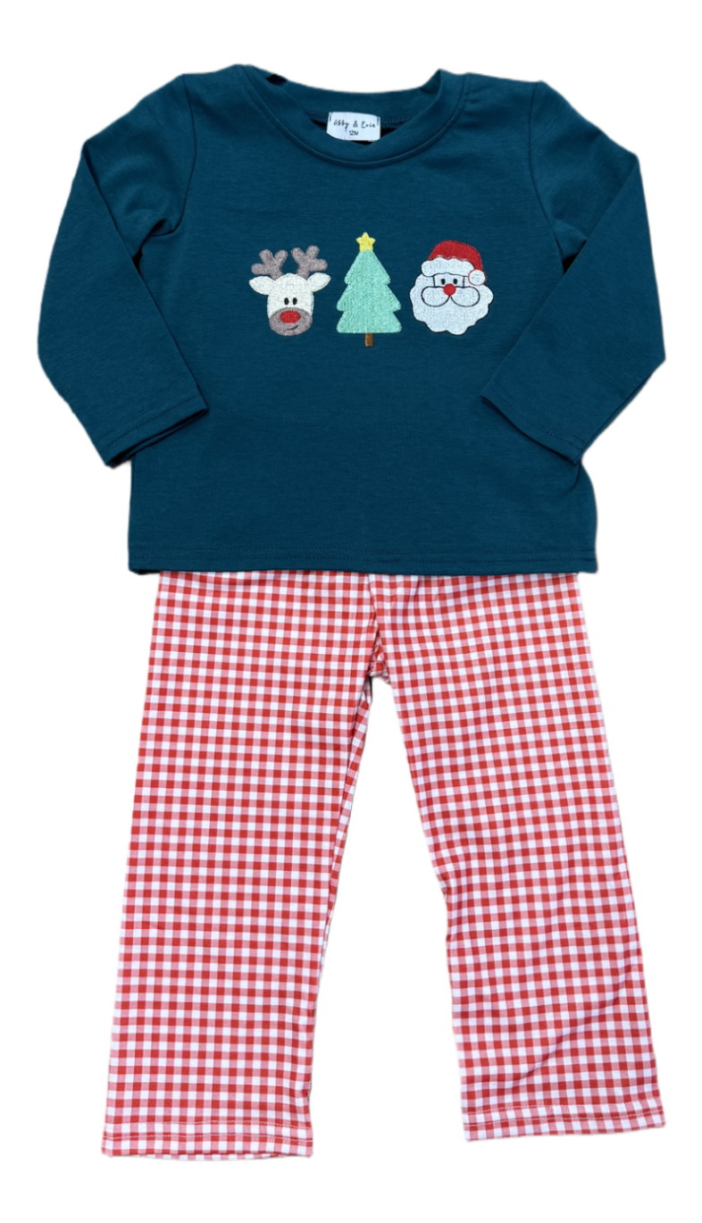 Children's outfit with blue top and red checkered pants featuring Christmas-themed graphics on a white background.