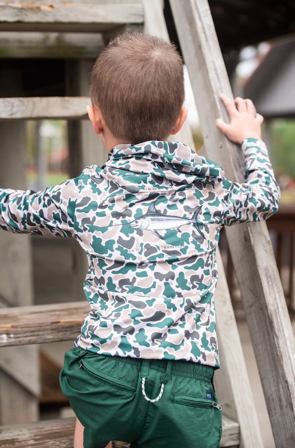 Kids Pro Performance Hoodie T Shirt in Break Point Camo with Swordfish