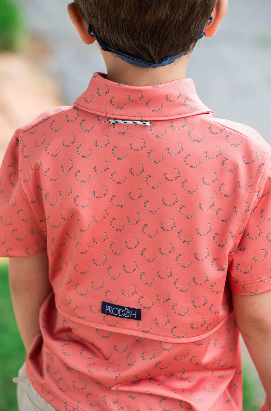 Boys Short Sleeve Pro Performance Polo In Deer Antler Print on Orange
