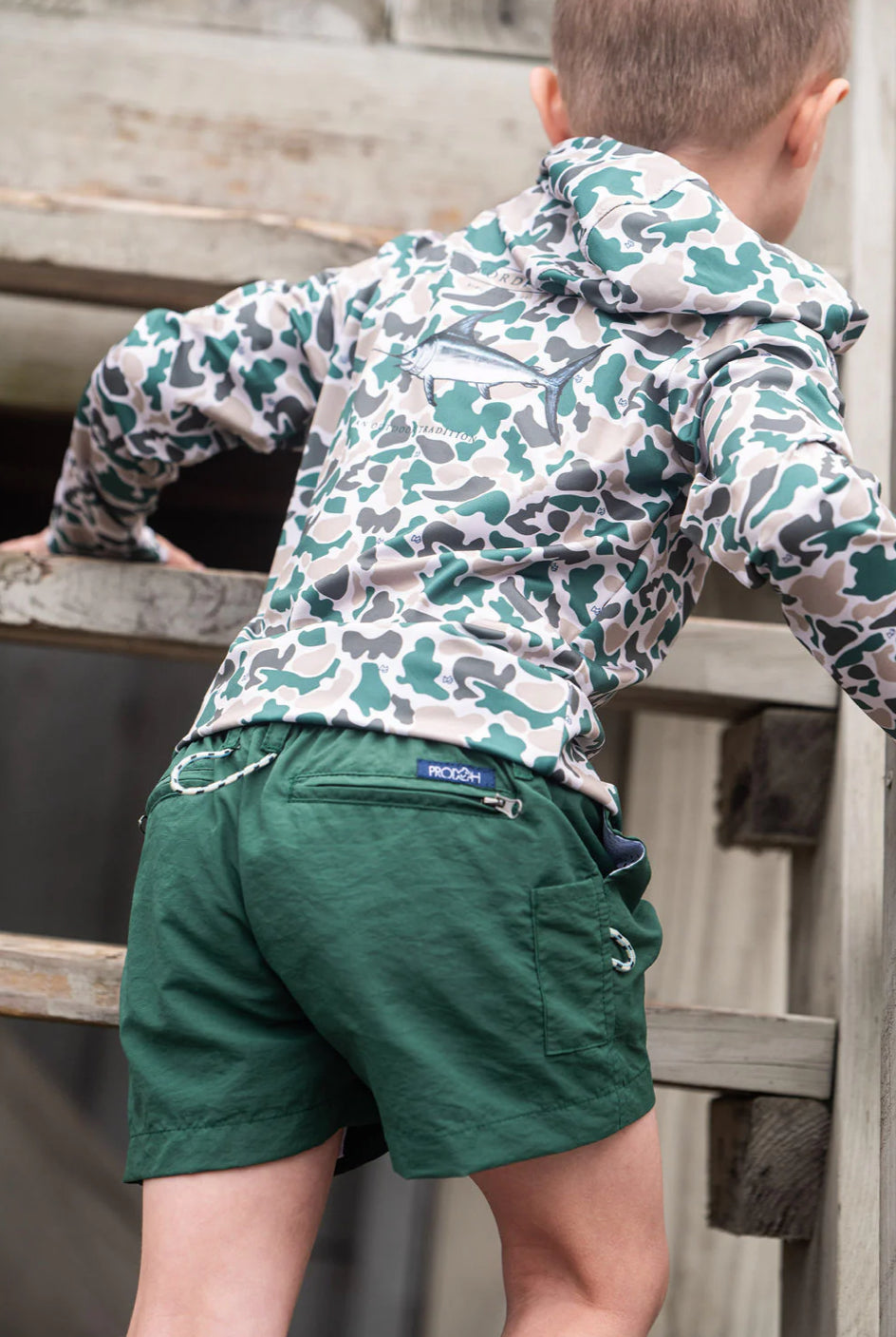 Boys Outrigger Performance Short in Smoke Pine Green