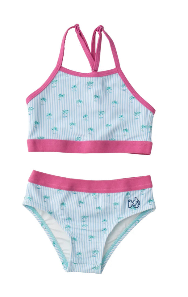 Girls Racerback Bikini in Palm Tree Stripe Print