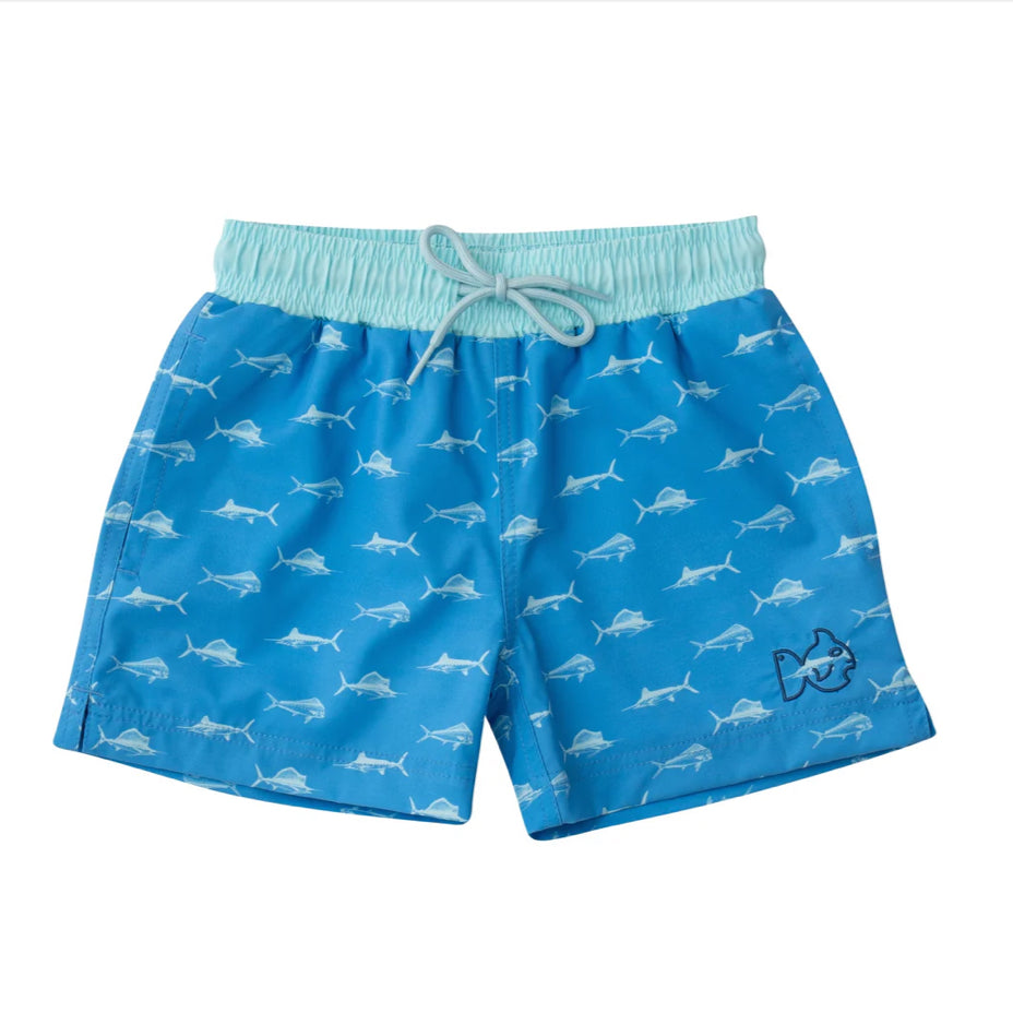 Boys Boogie Board Swim Trunk in Fish Print on Marina Blue