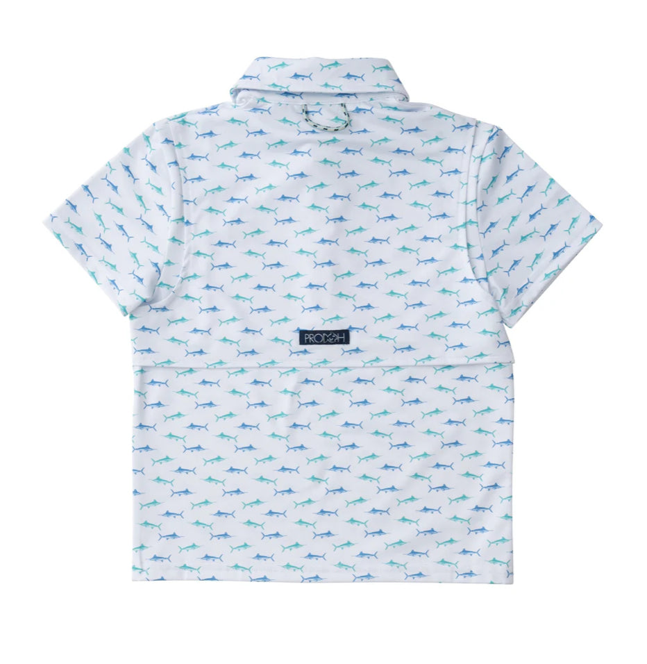 Boys Short Sleeve Pro Performance Polo in Fish Print on White
