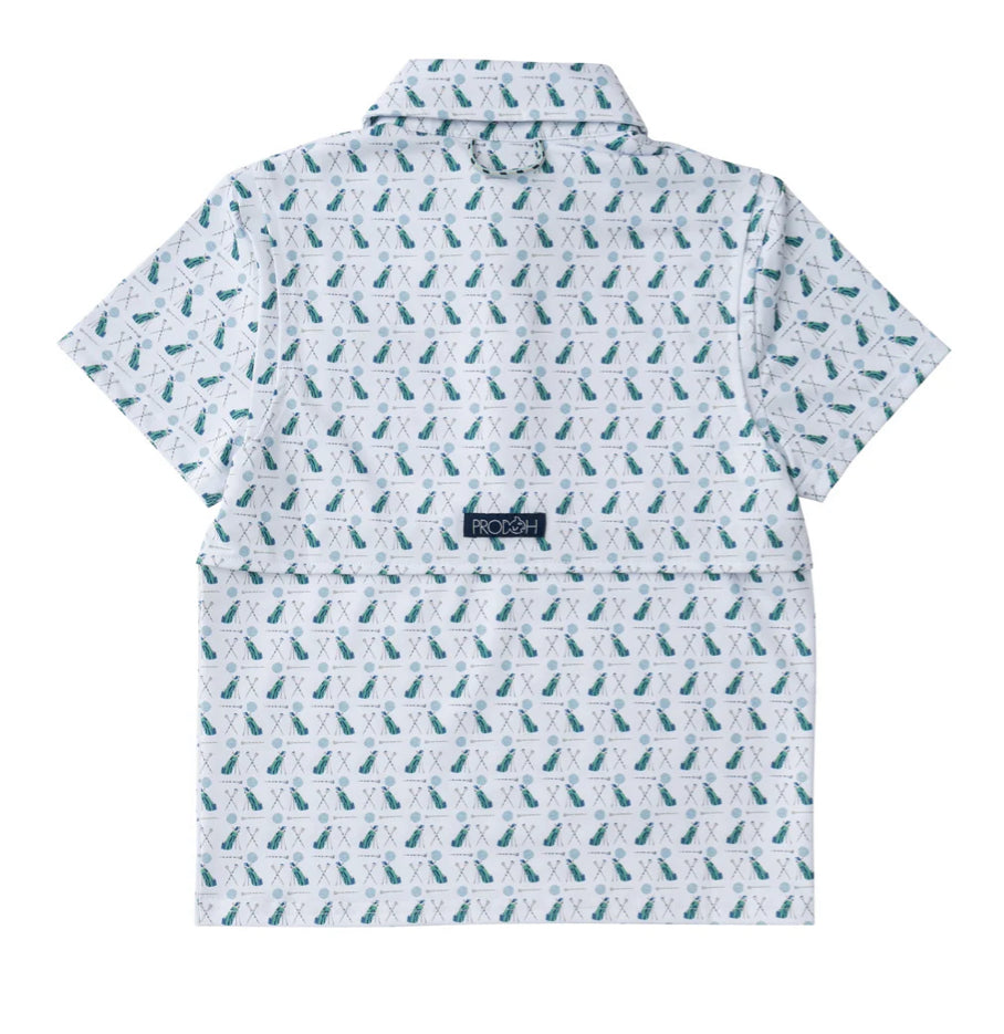 Boys Short sleeve Pro Performance Polo in Golf Print on White