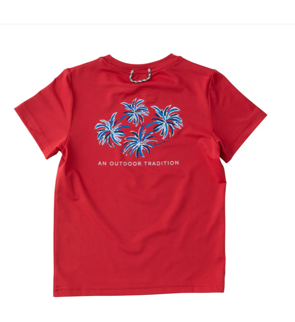 Kids Pro Performance Short Sleeve Fishing T-Shirt in Watermelon Red with 4th of July Fireworks