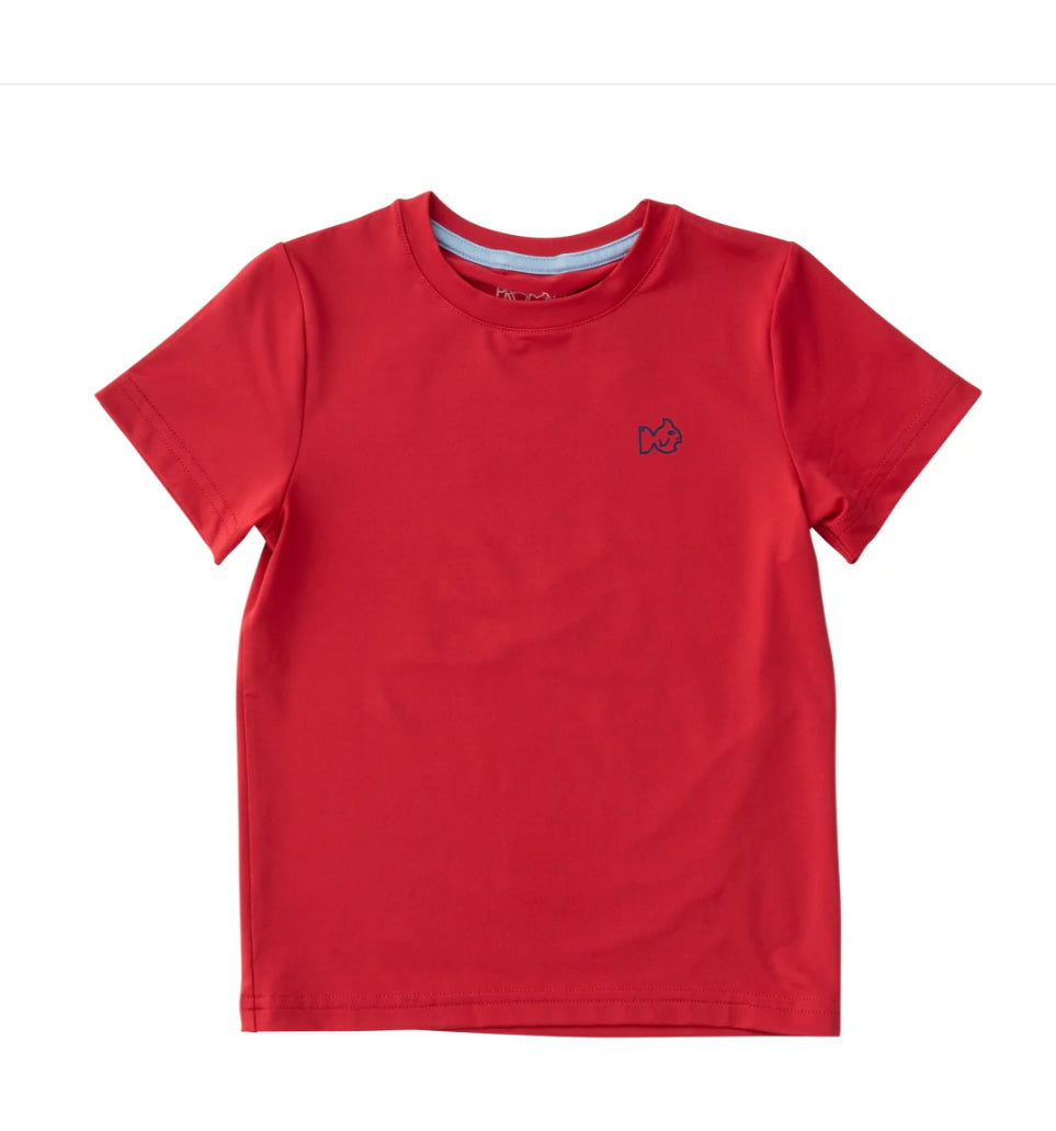 Kids Pro Performance Short Sleeve Fishing T-Shirt in Watermelon Red with 4th of July Fireworks