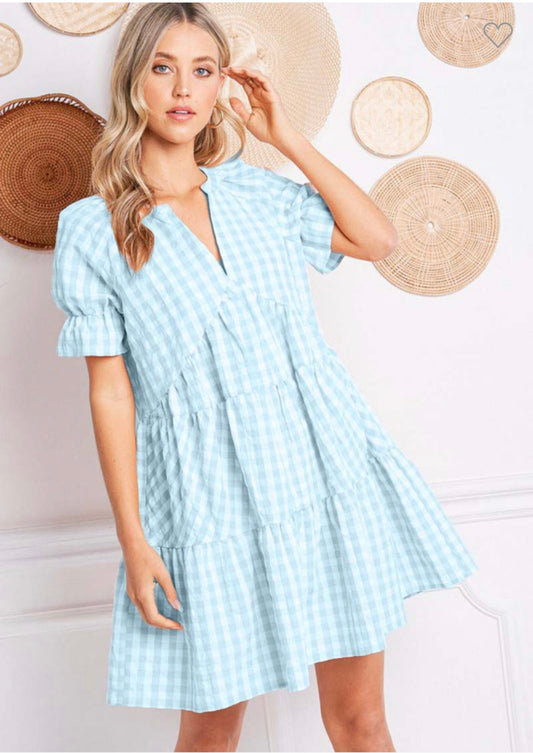 Gingham tiered Dress with Puff Sleeves