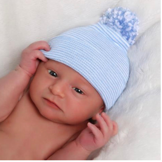 Striped Baby Blue Pom Pom Hospital Hat