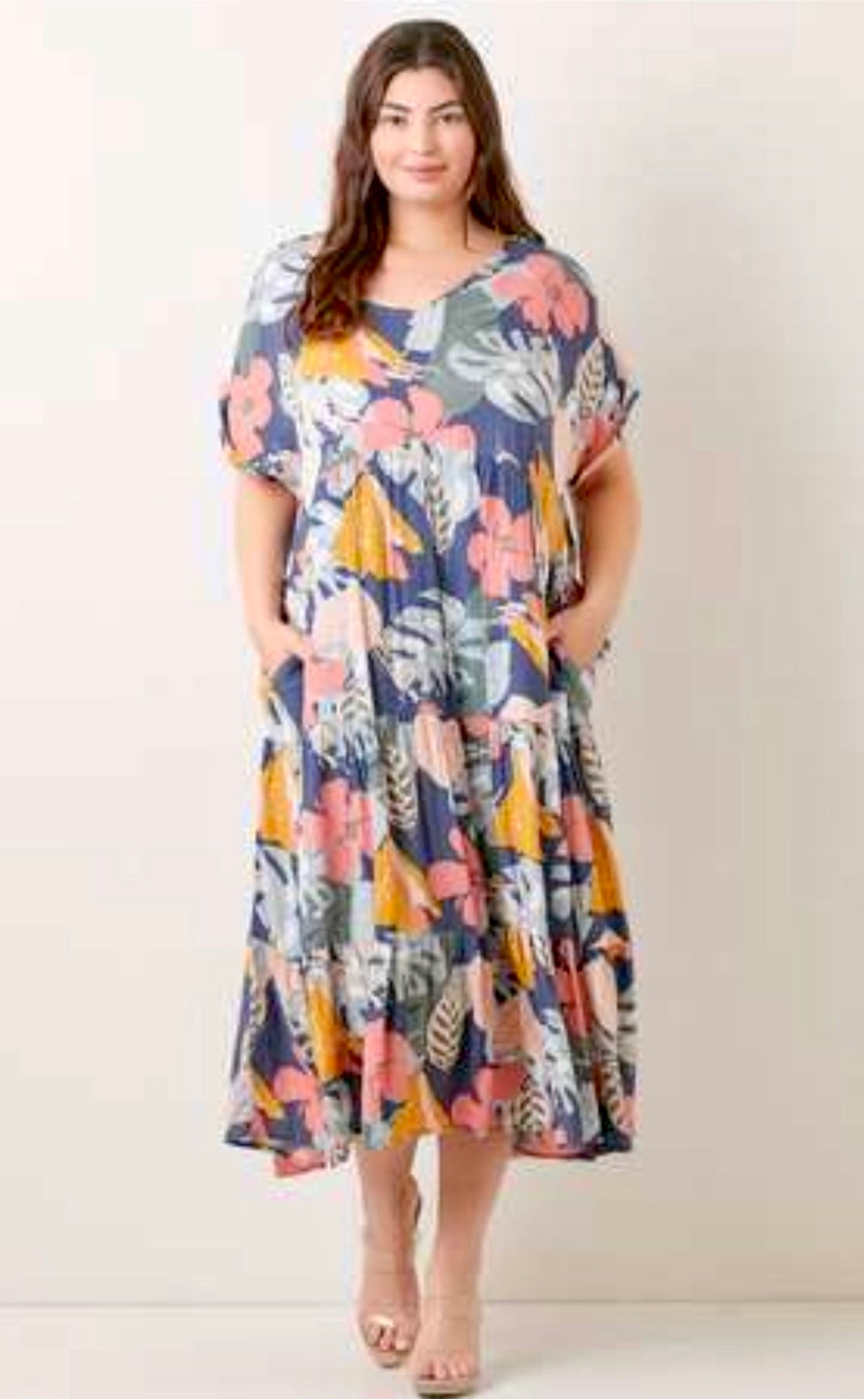 V Neck Floral Print Midi Dress