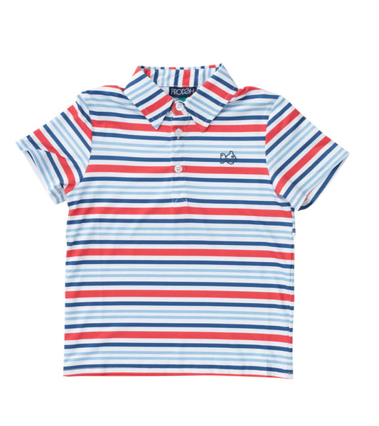 Prodoh Boys Pro Performance Polo in America Red White and Blue Stripe