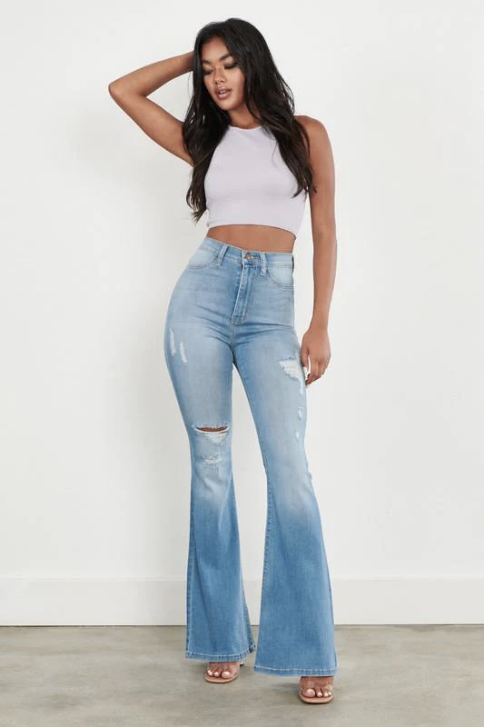 Medium Wash Distressed High Waisted Flares