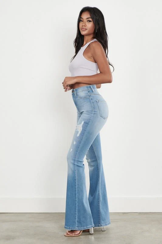 Medium Wash Distressed High Waisted Flares