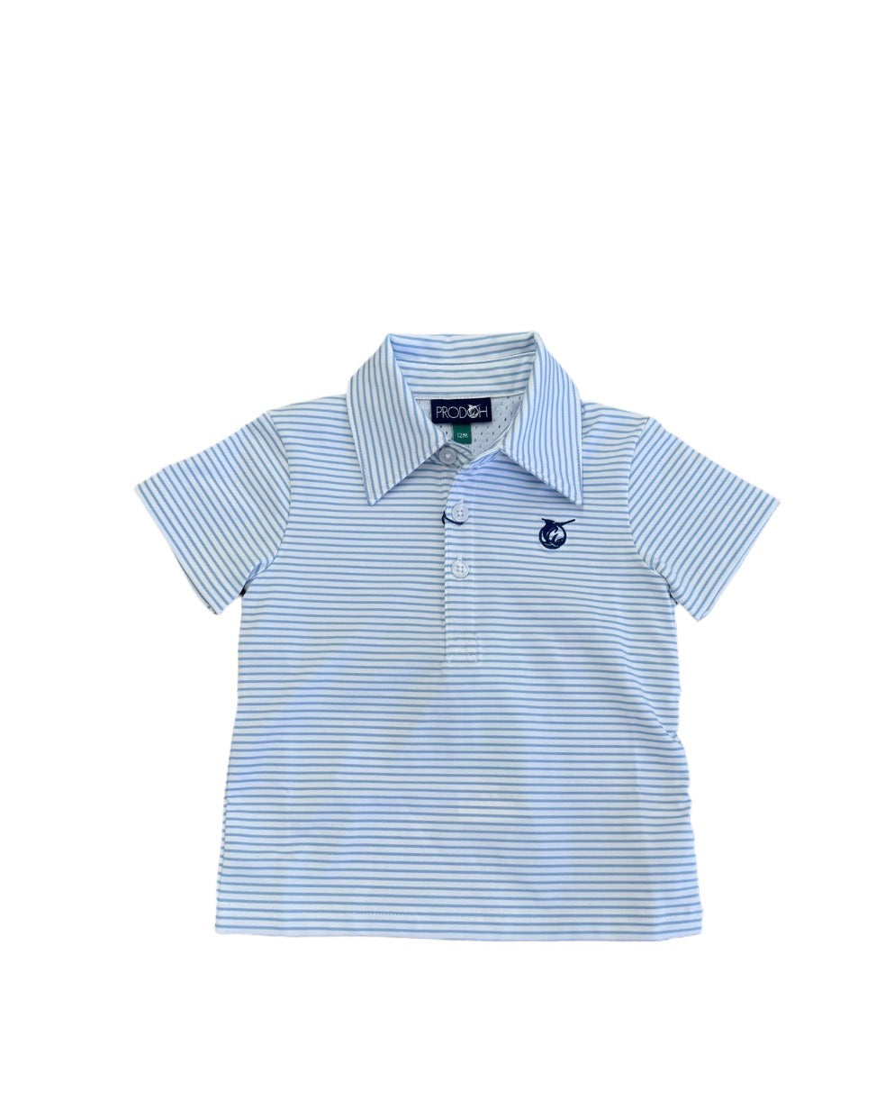 Boys' Short Sleeve Pro Performance Polo in Classic Clear Sky Blue and White Stripe