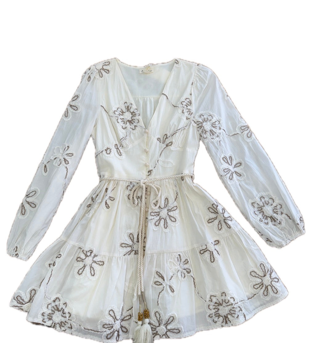 Embroidered Long Sleeve Belted Mini Dress