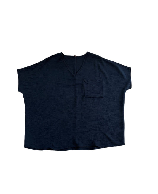Zenana Oversized V-Neck Pocket Top-Black