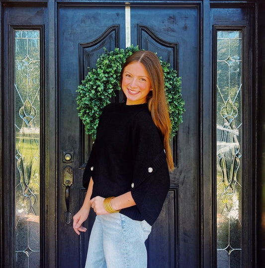 Black Button Sleeve Knit Pullover