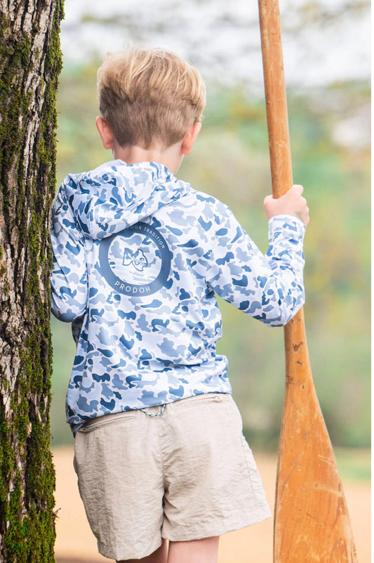 Kids Pro Performance Hoodie T Shirt in Blue Break Point Camo with Prodoh logo