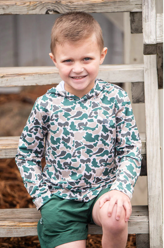 Kids Pro Performance Hoodie T Shirt in Break Point Camo with Swordfish