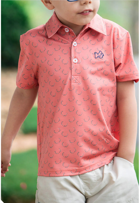 Boys Short Sleeve Pro Performance Polo In Deer Antler Print on Orange