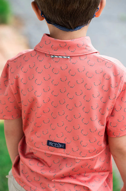 Boys Short Sleeve Pro Performance Polo In Deer Antler Print on Orange