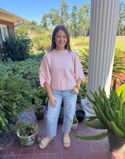 Pink Button Sleeve Knit Pullover