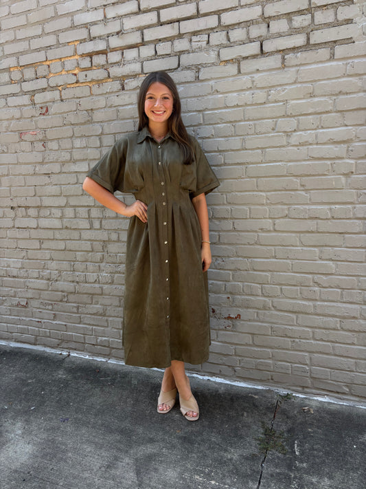 Loose Fit Button Down Suede Dress