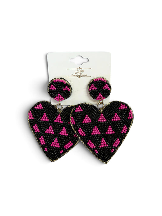 Black and Pink Beaded Heart Earrings