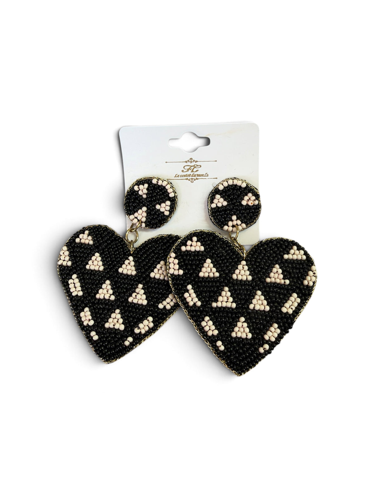 Black and Cream Beaded Heart Earrings