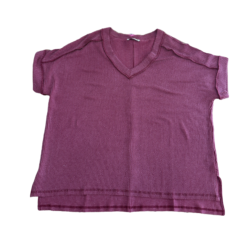 Women's Zenana Raised Rib V-Neck Top- Burgundy