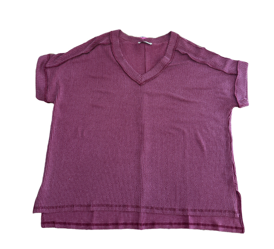 Women's Zenana Raised Rib V-Neck Top- Burgundy