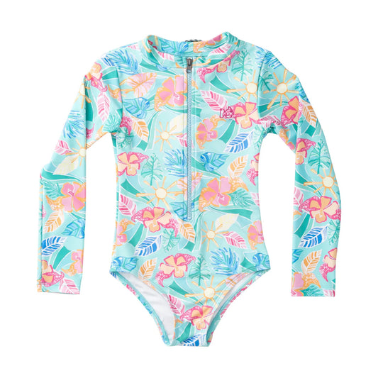 Girls' Long Sleeve Surf & Turf Zip Front Swimsuit — Tropical Palm Print