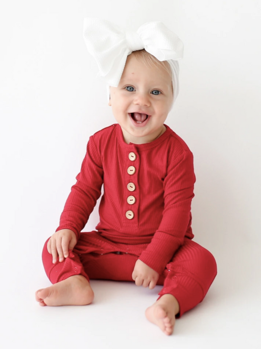 Posh Peanut Crimson Ribbed Ruffled Romper