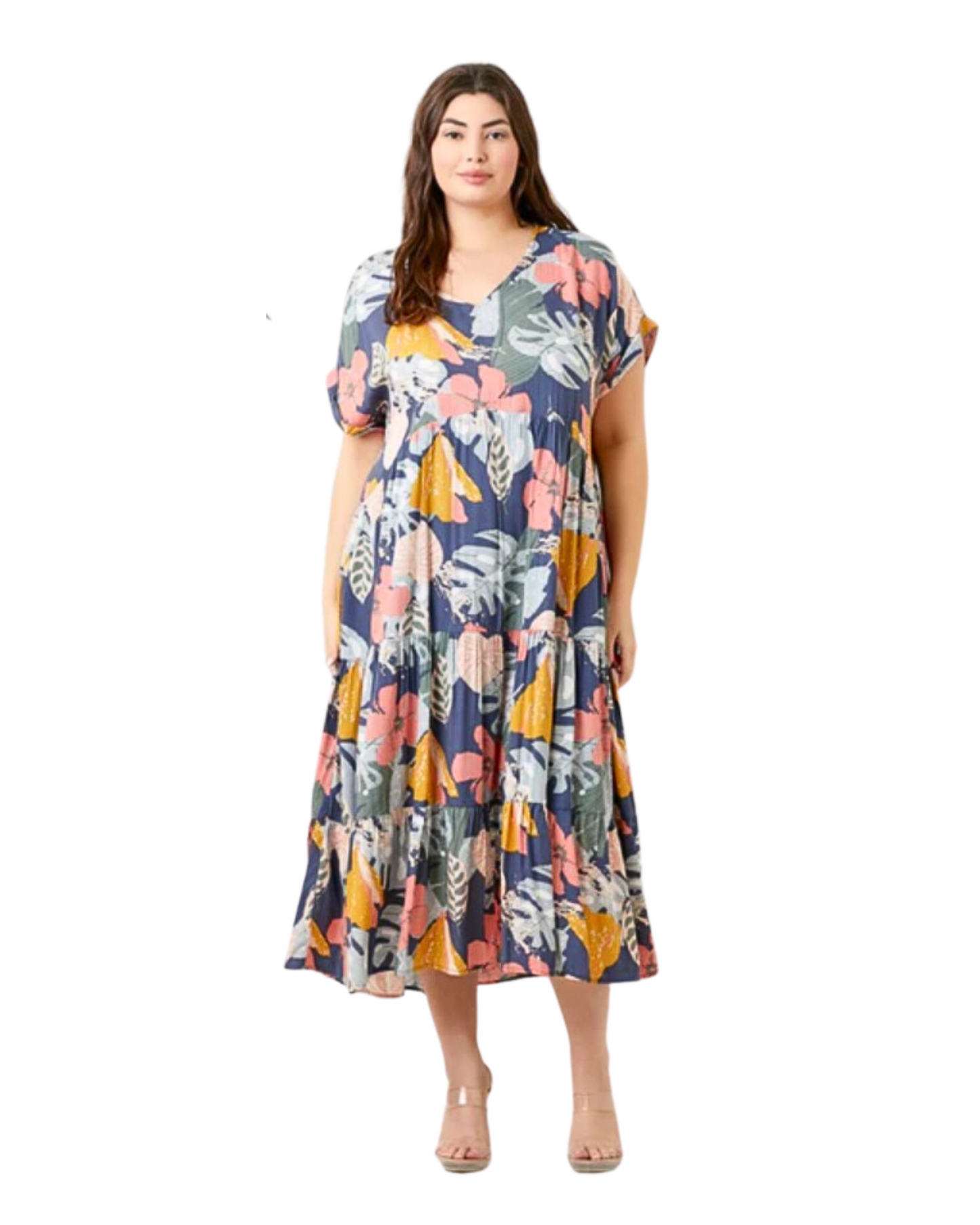 V Neck Floral Print Midi Dress